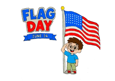 This illustration shows a happy cartoon boy standing next to a waving American flag and saluting wit