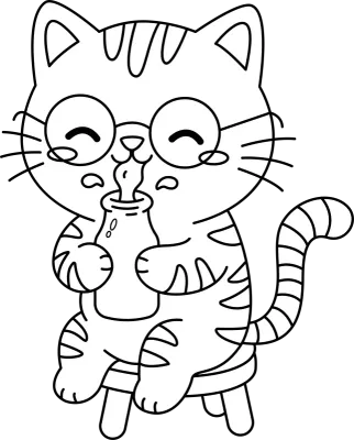 A cute cat is drinking milk. Line art illustration for coloring.