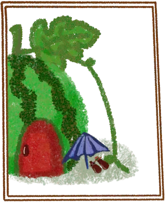 여름 테두리 05 - 크레용 손그림 통수박 집과 씨앗 캐릭터 일러스트