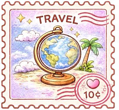 Cute pastel kawaii travel stickers, hand-drawn cozy aesthetic PNG collection