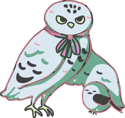 Cute Snowy Owl and Small Bird Glitch Art Illustration