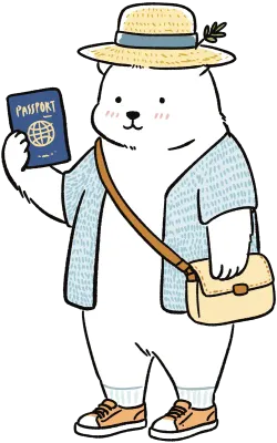 여권을 들고 여행 준비를 하는 귀여운 흰곰 일러스트, 여행 캐릭터 바캉스 휴가 요소