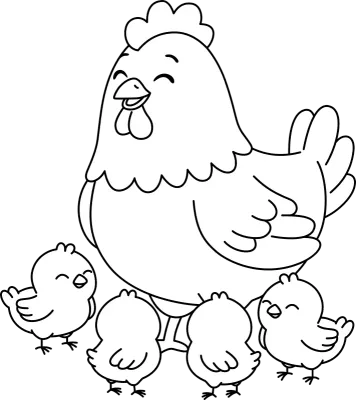 Cute Hen and Chicks Coloring Page, Cartoon Cute Chicken Family