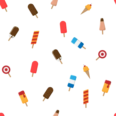 Seamless summer pattern featuring assorted ice cream bars, popsicles, lollipops