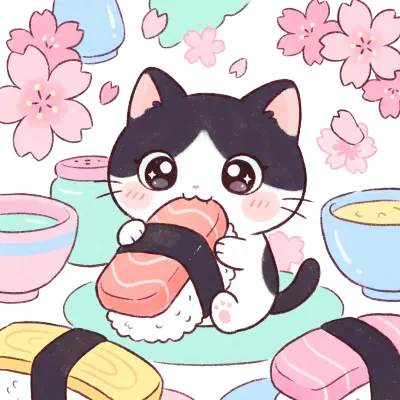 Cute Tuxedo Kitten Hugging Salmon Sushi Among Cherry Blossoms.