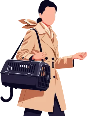 Person with pet carrier and leash in outdoor setting