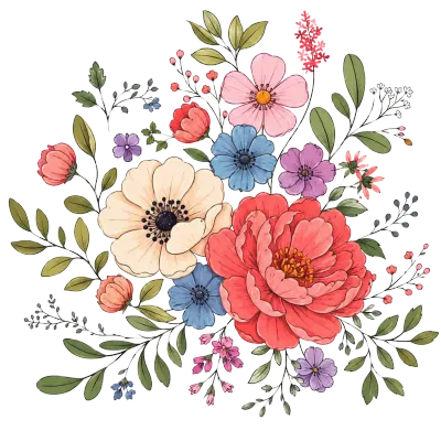 Vintage Inspired Botanical Wildflower Bouquet Illustration
