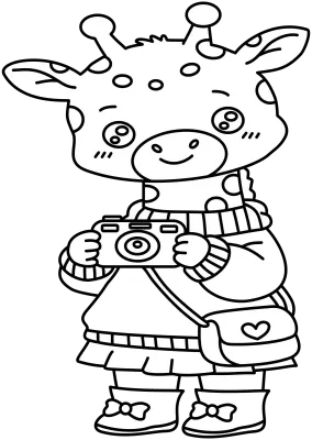 Cute Cartoon Giraffe Photographer Holding Camera Line Art Coloring Page