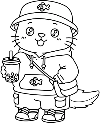 Cute Cartoon Otter Wearing Hoodie and Bucket Hat Holding Bubble Tea Line Art Coloring Page
