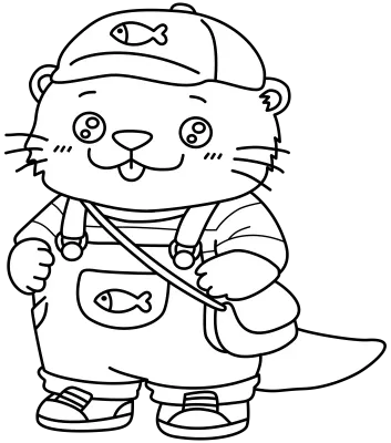 Cute Cartoon Otter Wearing Overalls and Baseball Cap Line Art Coloring Page