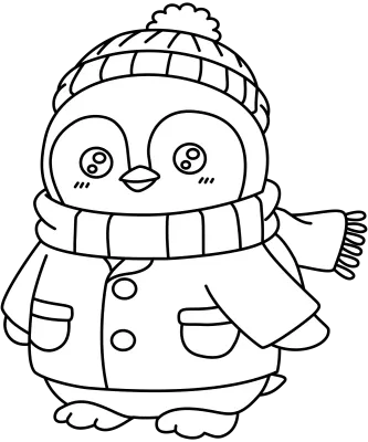 Cute Cartoon Penguin Wearing Winter Coat and Beanie Hat Line Art Coloring Page