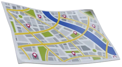 3D map location pin icon illustration with folded city map on isolated background