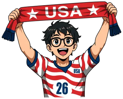 Cheerful Anime Boy with Glasses Holding Red USA Scarf