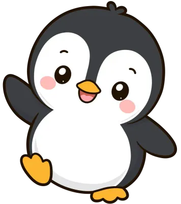 Cute little penguin waving, happy kawaii arctic animal cartoon character isolated