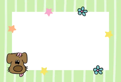 Green stripe pattern frame with puppy, flowers, stars for rectangle background, backdrop, wallpaper