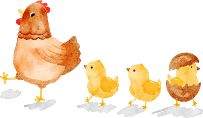 Watercolor Illustration of Cute Hen and Chicks