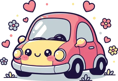 A cute cartoon car with a smiling face surrounded by flowers and hearts