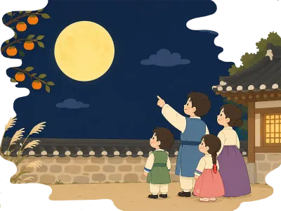 추석날 밤에 달맞이하는 가족
