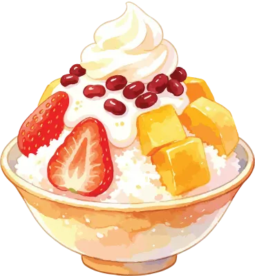 Shaved Ice with Fresh Fruits, Red Beans and Cream Watercolor Illustration