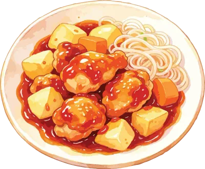 Korean Spicy Fried Chicken with Red Sauce and Noodles Watercolor Illustration