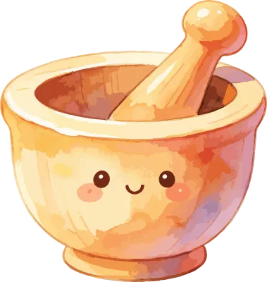 Cute Smiling Wooden Mortar and Pestle Watercolor Illustration