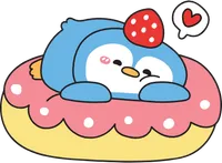 Sleeping Cute Cartoon Penguin on Strawberry Donut