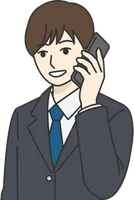 電話対応をするグレーのスーツ姿の男性イラスト