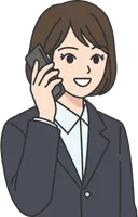 電話対応をするグレーのスーツ姿の女性イラスト