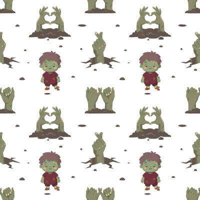 Little Zombie Boy and Zombie Hand Heart Sign Underground Seamless Pattern Halloween Wallpaper