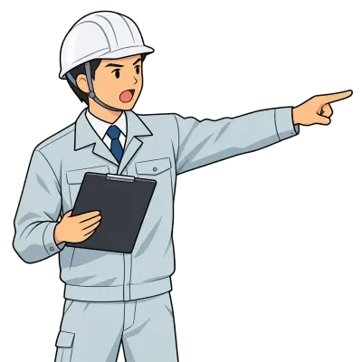 工事現場で指示を出す作業服の男性