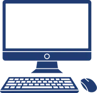 Dark blue desktop computer, solid monitor pc icon, navy keyboard and mouse silhouette, digital works