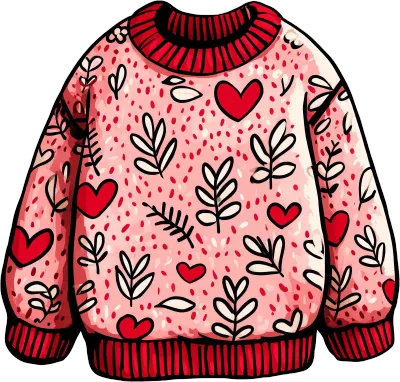 Cozy Pink Knit Sweater with Hearts Illustration