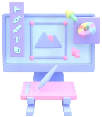 Illustration of graphic designer computer screen content with drawing tablet
