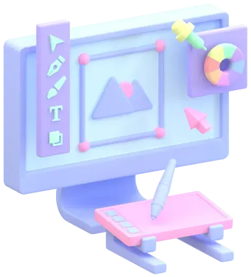 Illustration of graphic designer computer screen content with drawing tablet