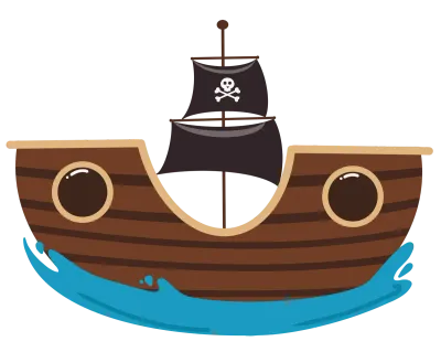 Cute Wooden Pirate Ship with Skull Flag and Blue Waves Cartoon Illustration