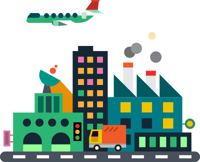 비행기와 공장 풍경 일러스트