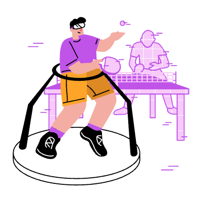 Man with VR headset playing virtual table tennis or pingpong sports simulation in Metaverse