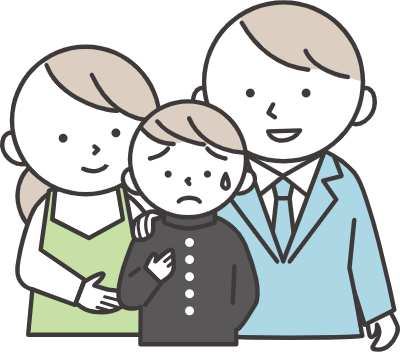 A worried male student wearing a school uniform and his parents encouraging him.