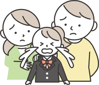 A female student in a blazer uniform crying and her parents worried about her.