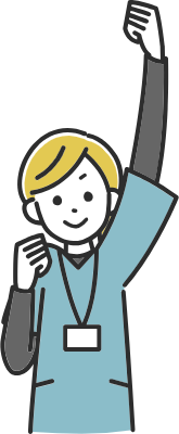 A woman on the medical staff raising her fist in a gut-punching gesture