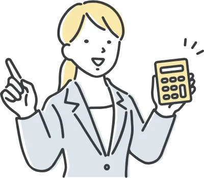 電卓を見せて指差しポーズをするスーツを着た女性