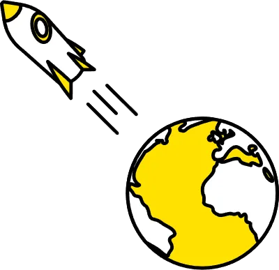 Simple line drawing of a launch rocket flying from earth, isometric illustration