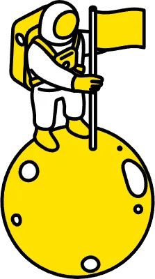 Simple line drawing of an astronaut pointing a flag to the moon, isometric illustration