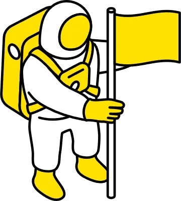 Simple line drawing of an astronaut pointing a flag to the ground, isometric illustration