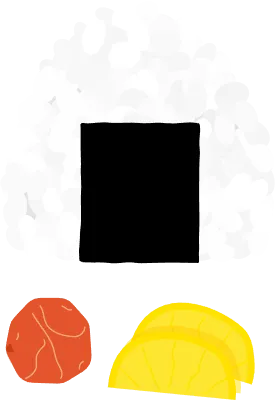 Clip art of rice ball wrapped in dried laver, pickled plum, and pickled radish