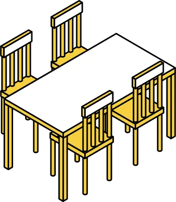 Interior dining table and chairs, isometric illustration