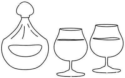 Image of two people drinking brandy, simple line drawing illustration