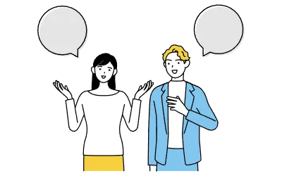 Japanese woman speaking English with a white man, with speech balloon