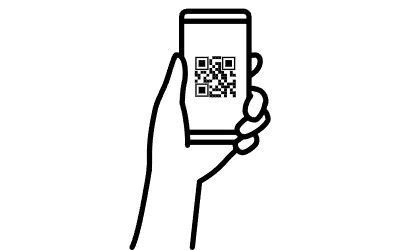 Cashless, online payments, hands holding a smartphone with QR codes on the screen
