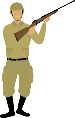 Male soldier holding a rifle above him, war or savage game